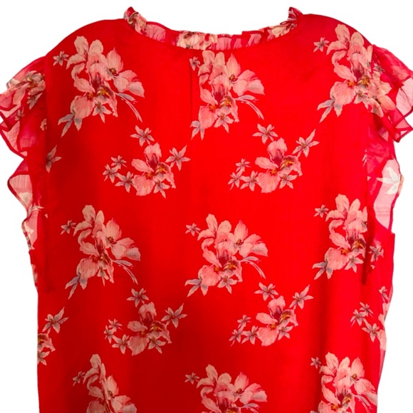 CeCe Chiffon Smocked Cap Sleeve V-Neck Red Floral Print Flutter Blouse Size 2X - Picture 8 of 12